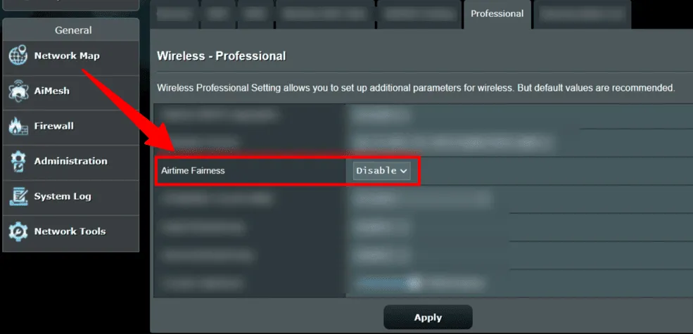 ASUS Router Airtime Fairness toggle