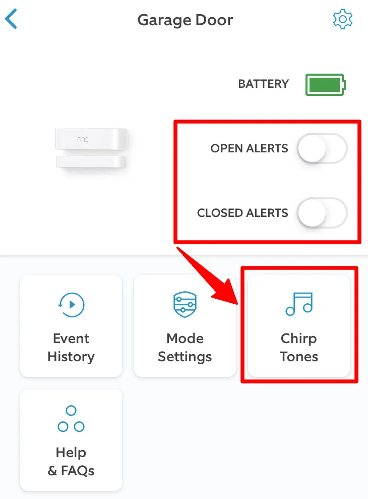 Ring sensor open alerts, closed alerts, chirp tones
